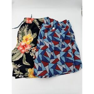 Lot of 2 George Mens Swim Trunks XL 40-42 Floral & Geometric Mesh Liner Stretch